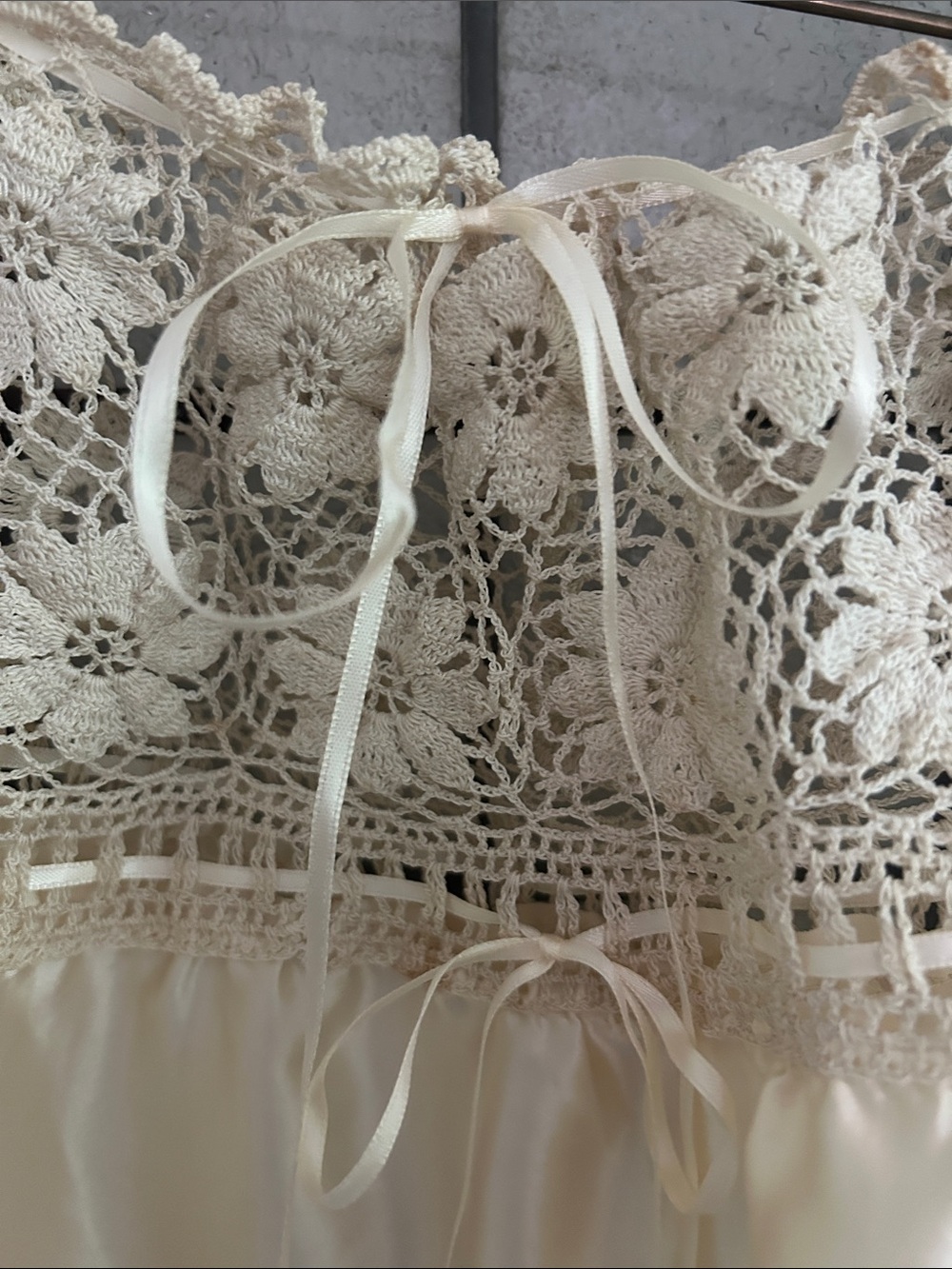 Vintage Women’s Cream Crochet Yoke Satin Peasant Top - Picture 3 of 6